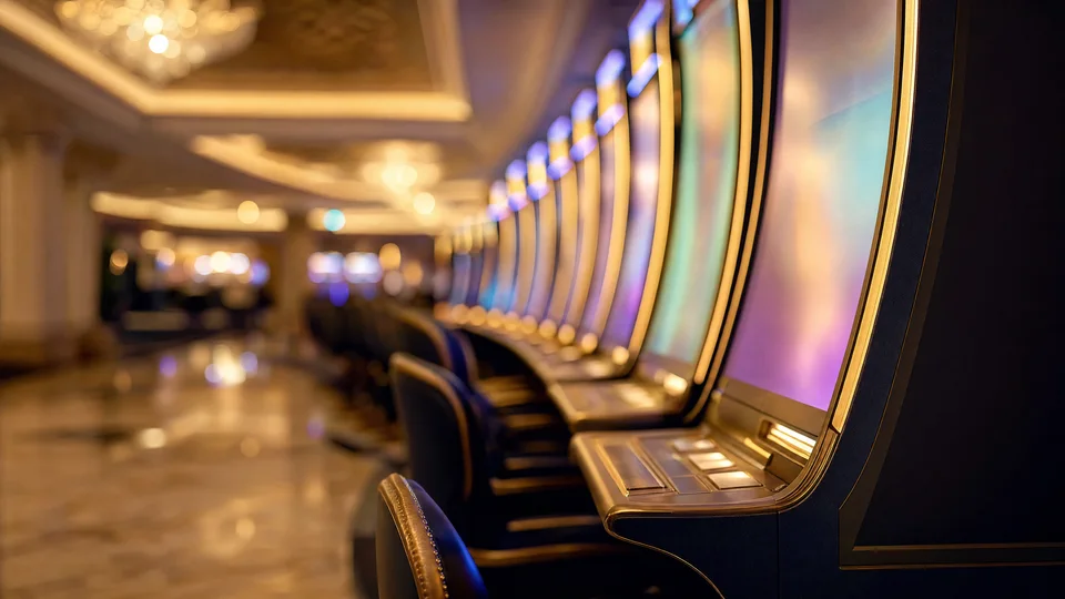 Illustrative image — a row of slot machines in warm light