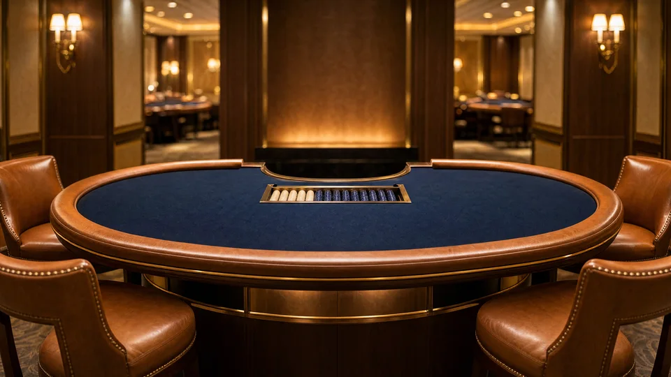 Illustrative image — a quiet VIP gaming room with a baccarat table
